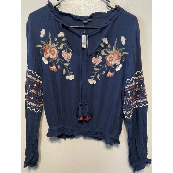 NWT American Eagle Boho Embroidered Blouse | Tassel Tie | XS - Picture 1 of 8
